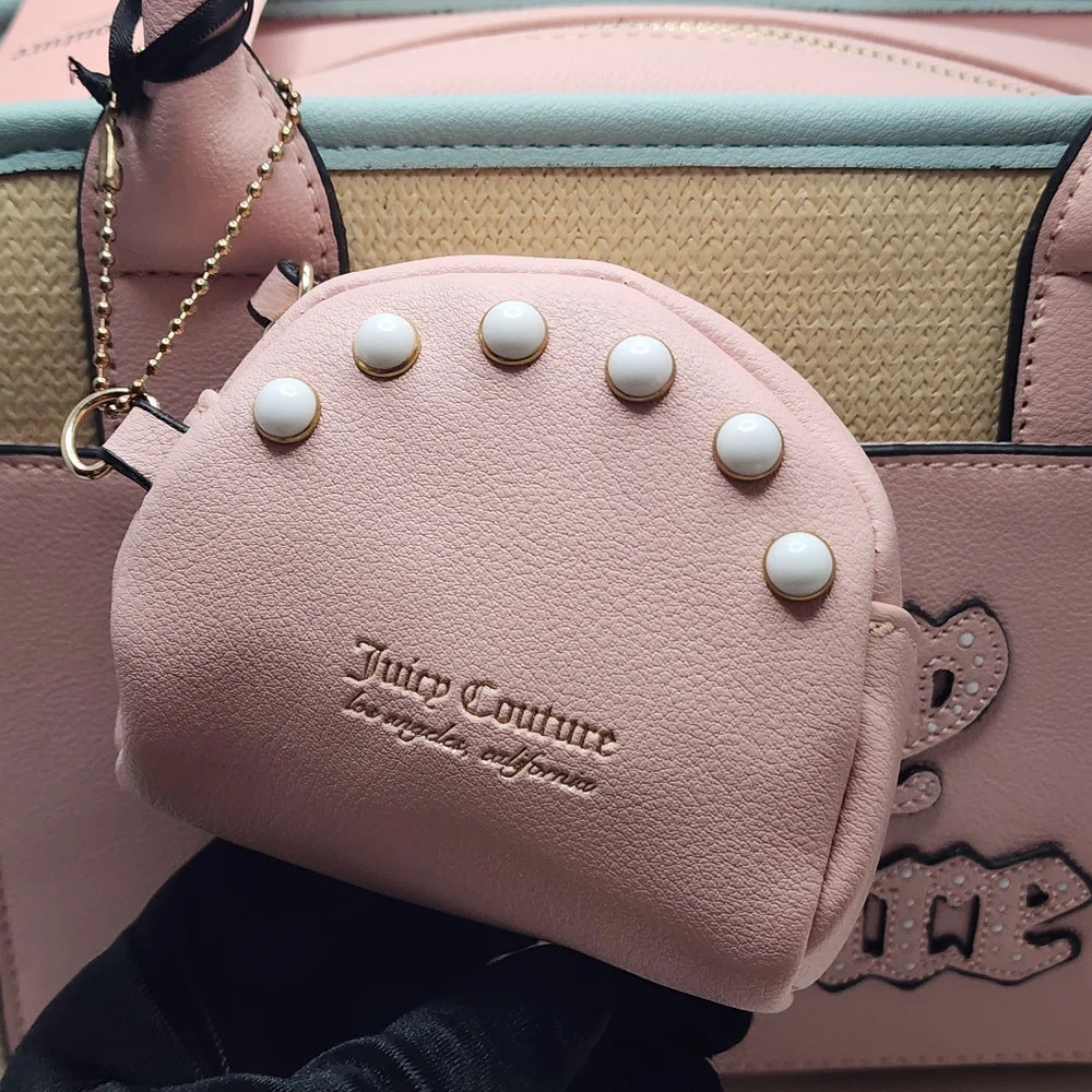 Juicy Couture Pink & Straw Satchel Bag NWT Logo Front Pocket + Coin Purse